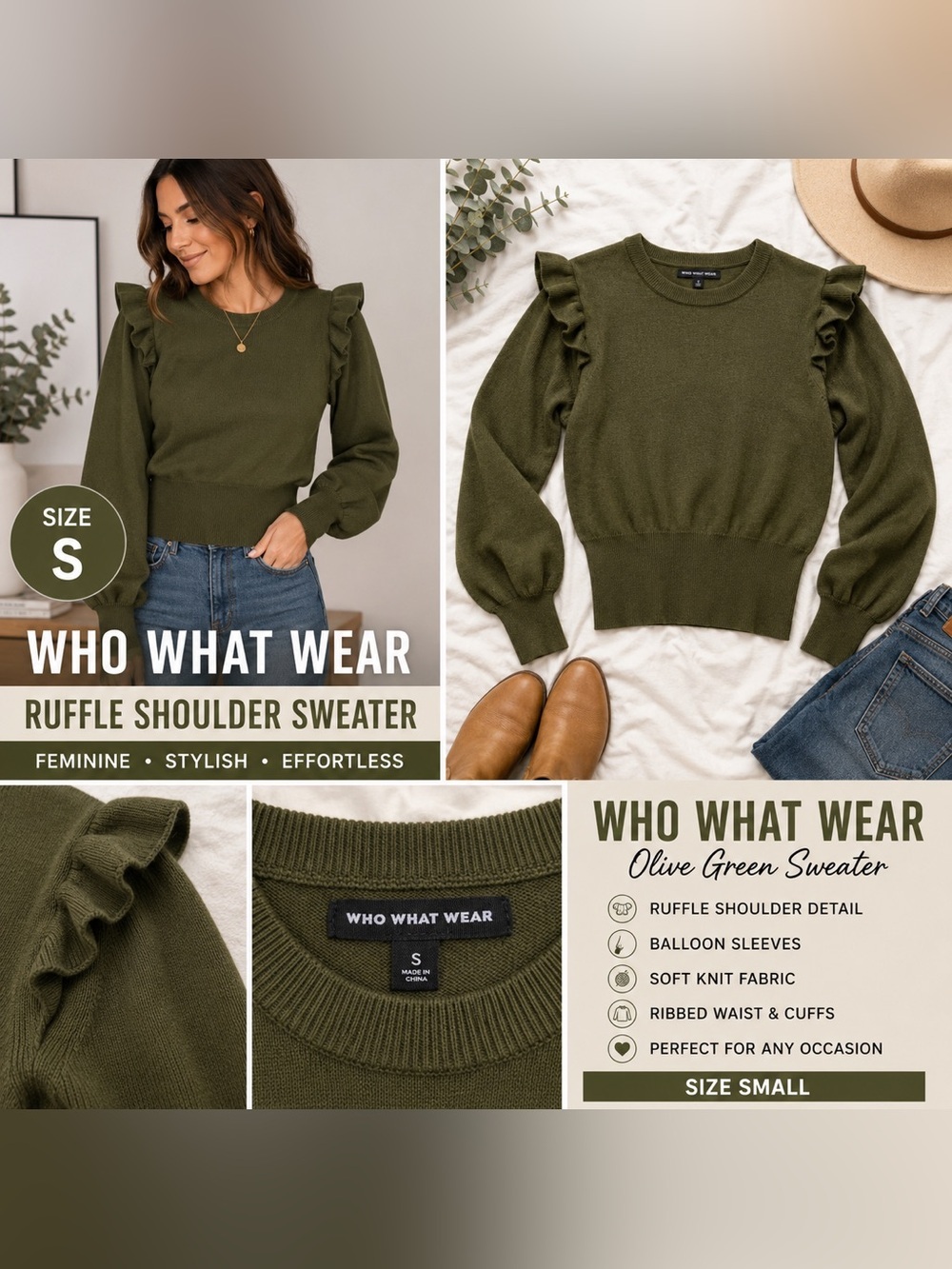 Who What Wear Olive Green Ruffle Shoulder Sweater Size Small Knit Top